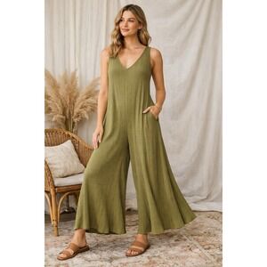 MIEN Olive Ribbed Wide Leg Jumpsuit Sleeveless V Neck Made USA Size L